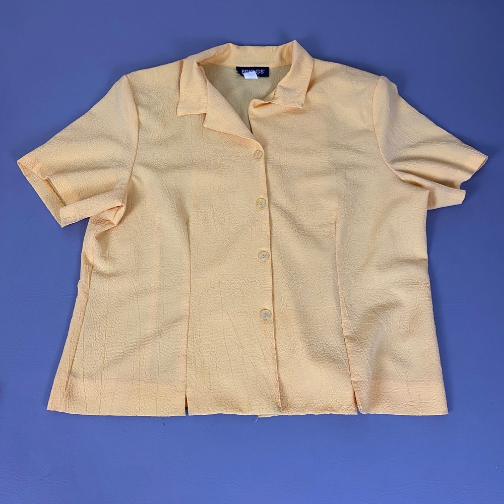 Briggs New York Blouse Women Size 16W Yellow Textured Button Up Short Sleeve USA